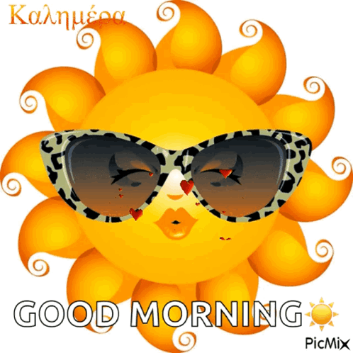 A Cartoon Sun Wearing Sunglasses Says Good Morning In Greek GIF