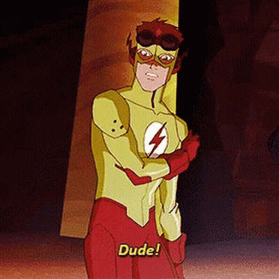 A Cartoon Superhero Says Dude In Yellow Letters GIF