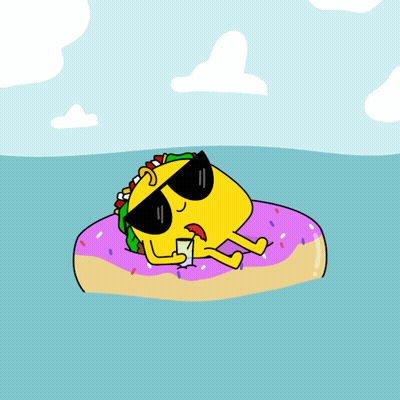 A Cartoon Taco Is Floating On A Purple Donut In The Water GIF