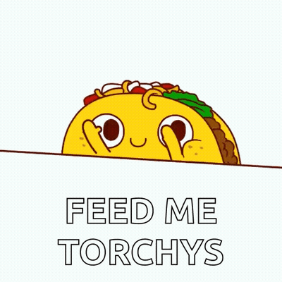 A Cartoon Taco Peeking Over A Sign That Says `` Feed Me Torchys '' . GIF