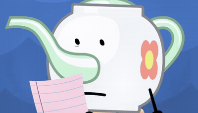 A Cartoon Teapot With A Flower On It Holding A Piece Of Paper GIF