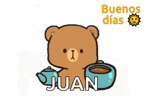 A Cartoon Teddy Bear Drinking From A Cup With The Name Juan GIF