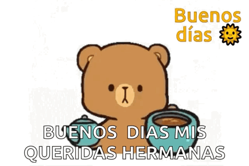 A Cartoon Teddy Bear Is Drinking From A Cup And Saying Buenos Dias . GIF