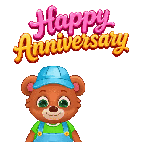 A Cartoon Teddy Bear Is Holding A Bouquet Of Flowers In Front Of A Happy Anniversary Sign Sticker