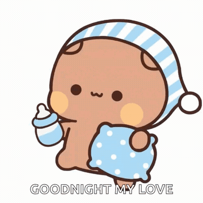 A Cartoon Teddy Bear Is Holding A Pillow And A Bottle And Says Goodnight My Love . GIF