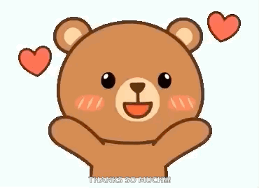 A Cartoon Teddy Bear Is Holding His Hands Up In The Air With Two Hearts Around His Head . GIF
