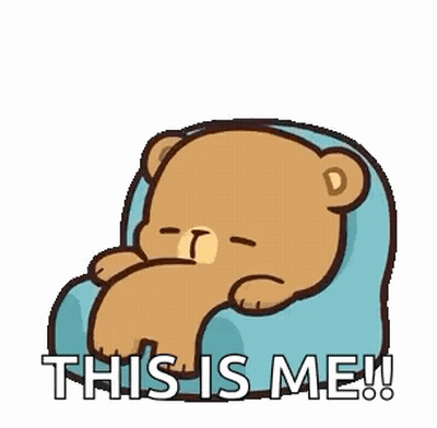 A Cartoon Teddy Bear Is Sitting On A Blue Pillow With The Words `` This Is Me '' . GIF