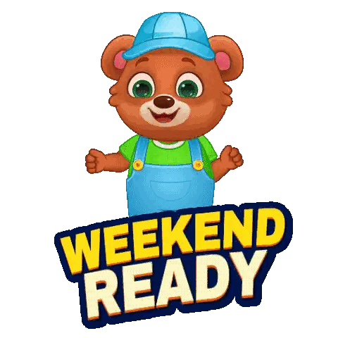 A Cartoon Teddy Bear Is Wearing Overalls And A Blue Hat And Says Weekend Ready Sticker