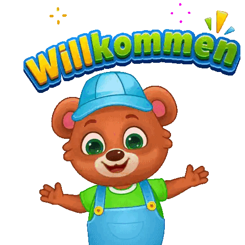A Cartoon Teddy Bear Wearing A Blue Hat And Overalls Says " Willkommen " Sticker