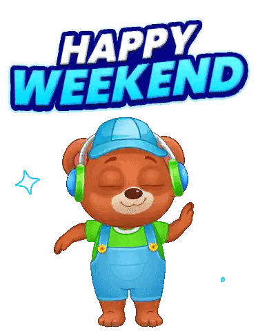 A Cartoon Teddy Bear Wearing Headphones And A Blue Hat Says Happy Weekend Sticker