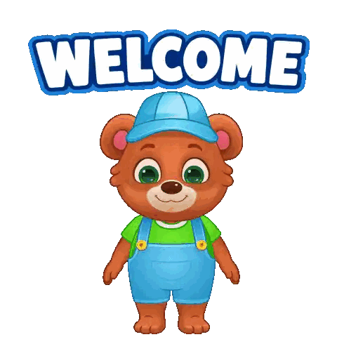 A Cartoon Teddy Bear Wearing Overalls And A Blue Hat Says " Welcome " Sticker