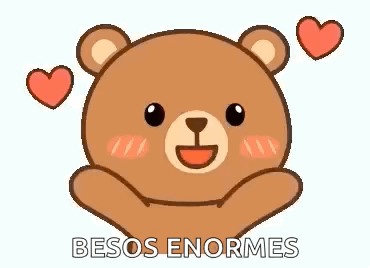 A Cartoon Teddy Bear With Hearts Around It And The Words Besos Enormes . GIF