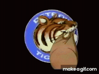 A Cartoon Tiger Is Holding A Sign That Says Detroit Tigers On It GIF
