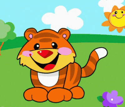A Cartoon Tiger Is Smiling In A Field With Flowers And A Sun GIF