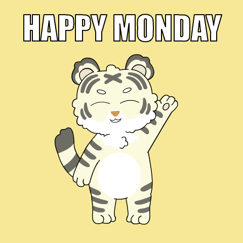 A Cartoon Tiger Says Happy Monday With Its Paw Up GIF
