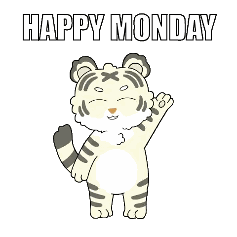 A Cartoon Tiger Says Happy Monday With Its Paw Up Sticker