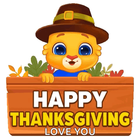 A Cartoon Tiger Wearing A Pilgrim Hat Is Peeking Over A Wooden Sign That Says Happy Thanksgiving Love You . GIF
