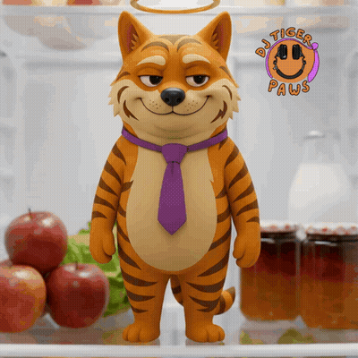 a cartoon tiger wearing a purple tie stands in a refrigerator