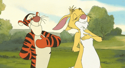 A Cartoon Tigger And A Rabbit Are Standing Next To Each Other In A Field GIF