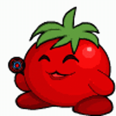 A Cartoon Tomato With A Green Stem Is Holding A Lollipop . GIF