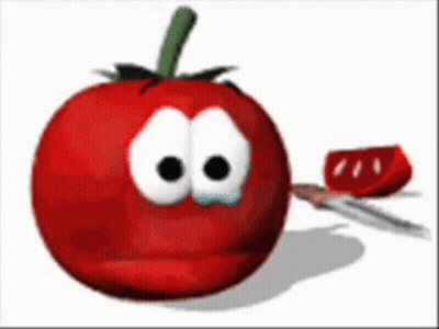 A Cartoon Tomato With A Sad Face Is Holding A Knife GIF