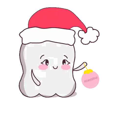 A Cartoon Tooth Wearing A Santa Hat And Holding A Pink Ornament Sticker