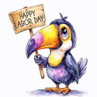 A Cartoon Toucan Holding A Sign That Says Happy Labor Day GIF