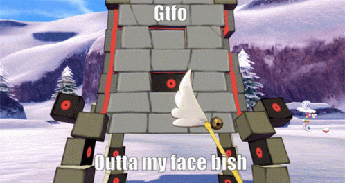 A Cartoon Tower With The Words Gtfo Outta My Face Bish Written On It GIF