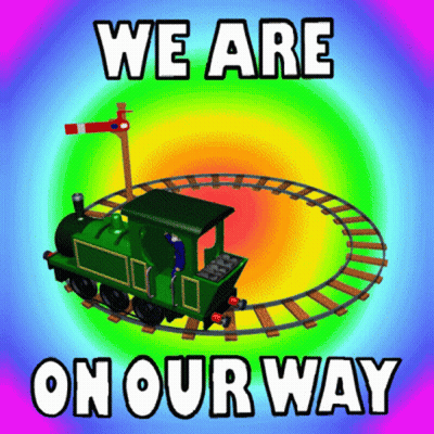 A Cartoon Train With The Words We Are On Our Way Below It GIF