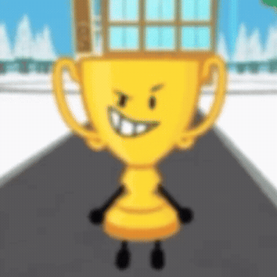 A Cartoon Trophy With A Face And Arms Is Smiling . GIF