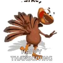 A Cartoon Turkey Is Dancing With The Words `` Happy Thanksgiving '' Below It . GIF