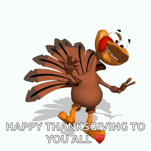 A Cartoon Turkey Is Dancing With The Words Happy Thanksgiving To You All Above It GIF