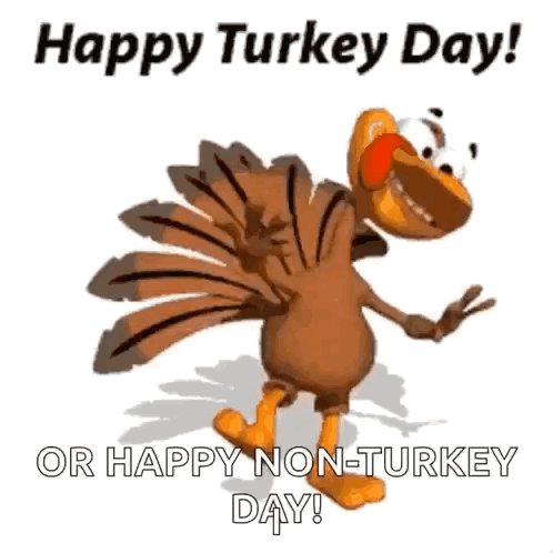 A Cartoon Turkey Is Dancing With The Words `` Happy Turkey Day ! '' GIF