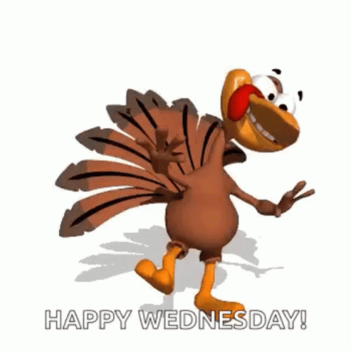 A Cartoon Turkey Is Dancing With The Words Happy Wednesday Below It . GIF