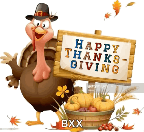 A Cartoon Turkey Is Holding A Sign That Says Happy Thanksgiving GIF