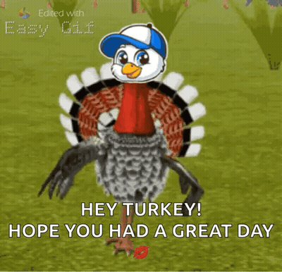 A Cartoon Turkey Wearing A Baseball Cap Says " Hey Turkey " GIF