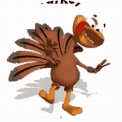 a cartoon turkey with a red scarf around its neck is standing on a white background .