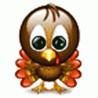 A Cartoon Turkey With Big Eyes And A Yellow Beak . GIF