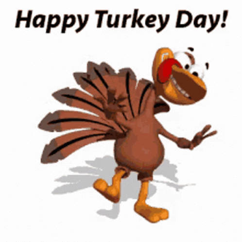 A Cartoon Turkey With The Words Happy Turkey Day Below It GIF