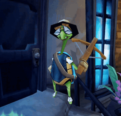 A Cartoon Turtle Is Holding A Bow And Arrow In A Doorway GIF