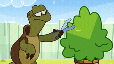 A Cartoon Turtle Is Holding A Pair Of Scissors And Cutting A Bush GIF