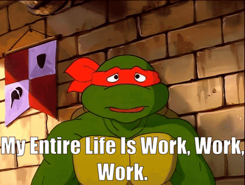 A Cartoon Turtle Says " My Entire Life Is Work Work Work Work " GIF