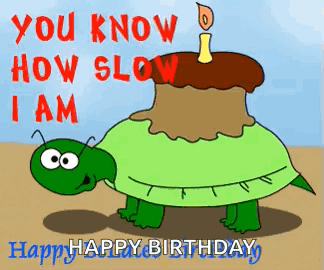 A Cartoon Turtle With A Birthday Cake On Its Back GIF