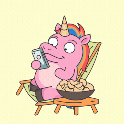 A Cartoon Unicorn Is Sitting In A Chair Looking At A Phone GIF