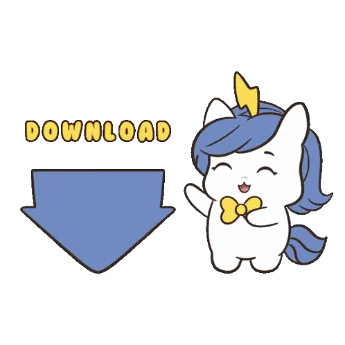A Cartoon Unicorn Is Standing Next To A Blue Download Arrow Sticker