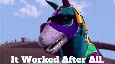 A Cartoon Unicorn Wearing Sunglasses And A Purple Mask Says It Worked After All GIF