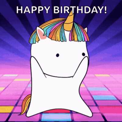 A Cartoon Unicorn With A Rainbow Mane And Horn Is Dancing With The Words Happy Birthday In The Background GIF