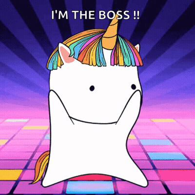A Cartoon Unicorn With A Rainbow Mane And Horn Says " I 'M The Boss " GIF