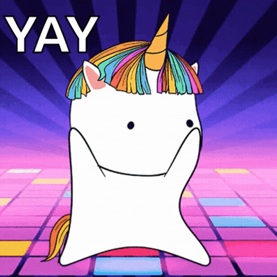 A Cartoon Unicorn With A Rainbow Mane Is Dancing And The Word Yay Is Above It GIF