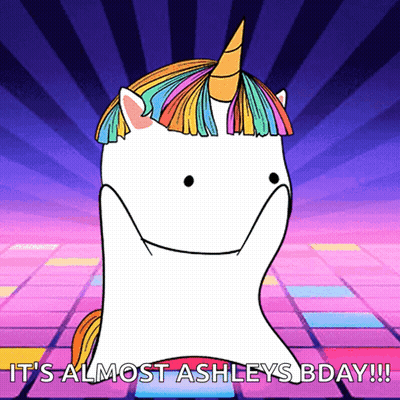 A Cartoon Unicorn With A Rainbow Mane Says It 'S Almost Ashley 'S Bday !!! GIF